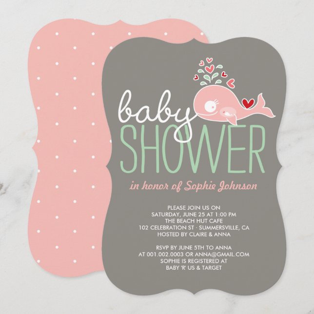 Blivande rosa mammahval Cuttis babyshower för flic Inbjudningar (Fram/baksida)