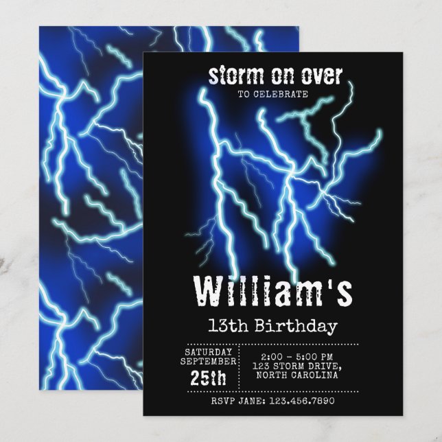 Blixt Bolt Electric Thunderstorm Birthday Inbjudningar (Fram/baksida)
