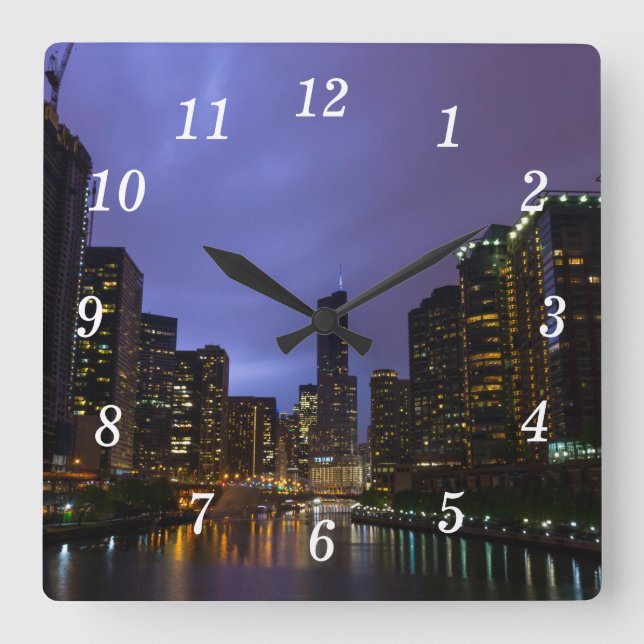 Blixt Over Chicago River Wall Clock Fyrkantig Klocka (Framsida)