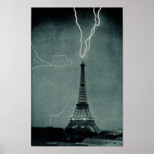 Blixt som slår Eiffel Torn, Paris Frankrike Poster
