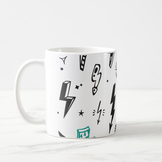 Blixtbultar, handdragna doodlar. kaffemugg (Vänster)
