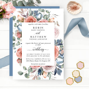 Blixtfull Blommigt, Dusty Blue Elegant Garden Wedd Inbjudningar
