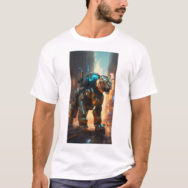 Blixtrande med en robottiger med fullt body hea t shirt (Framsida)