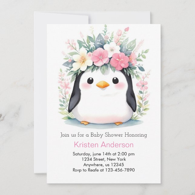 Blixtsnabb Rosa Blommigt Penguin Girl Baby Shower Inbjudningar (Framsida)