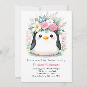 Blixtsnabb Rosa Blommigt Penguin Girl Baby Shower Inbjudningar