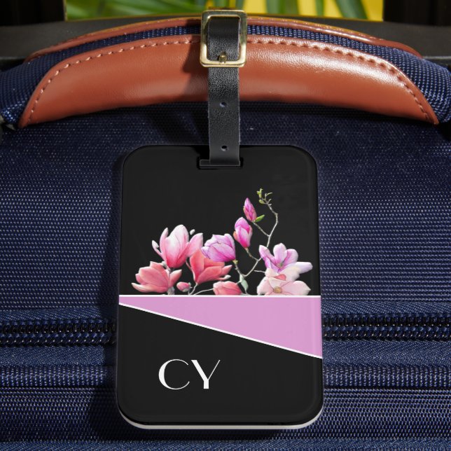 Blk Classy Monogrammed Pinks Botanical Luggage Tag Bagagebricka (Framsida Insitu 2)