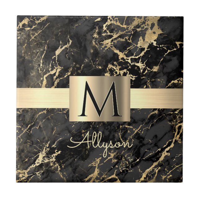 Blk & Guld Marble Guld Box, DIY Guld Monogram Kakelplatta (Framsidan)