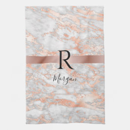 Blk Name/Monogram White/Rose Gold Marble Glitter 2 Kökshandduk