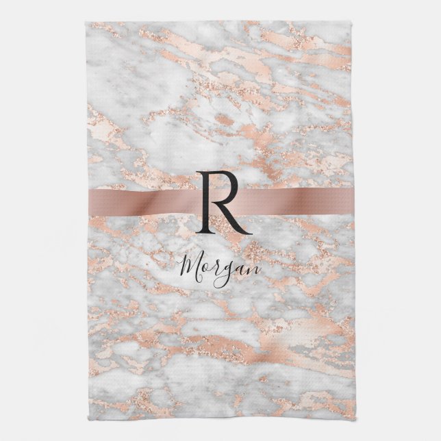 Blk Name/Monogram White/Rose Gold Marble Glitter 2 Kökshandduk (Vertikal)