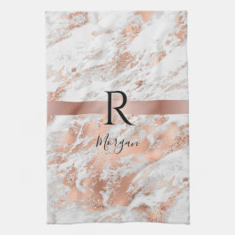 Blk Name/Monogram White & Rose Gold Marble Glitter Kökshandduk