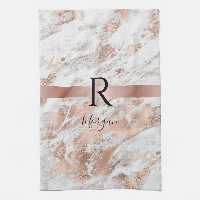 Blk Name/Monogram White & Rose Gold Marble Glitter Kökshandduk (Vertikal)