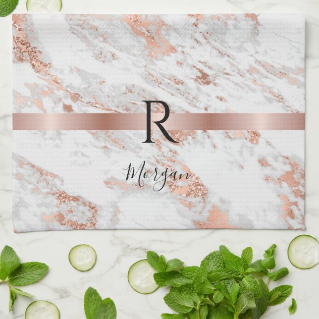 Blk Namn/Monogram White+Ro Guld Marble Glitter 2 Kökshandduk (Vikta)