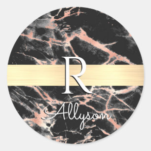 Blk & Ro Guld Marble Guld Pub, Wht Namn Monogram Runt Klistermärke
