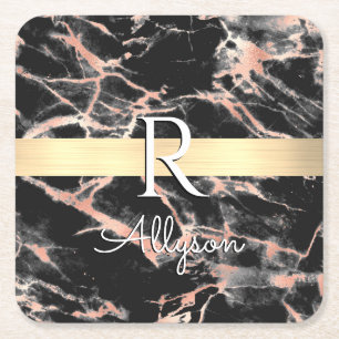 Blk & Ro Guld Marble Guld Pub, Wht Namn Monogram Underlägg Papper Kvadrat