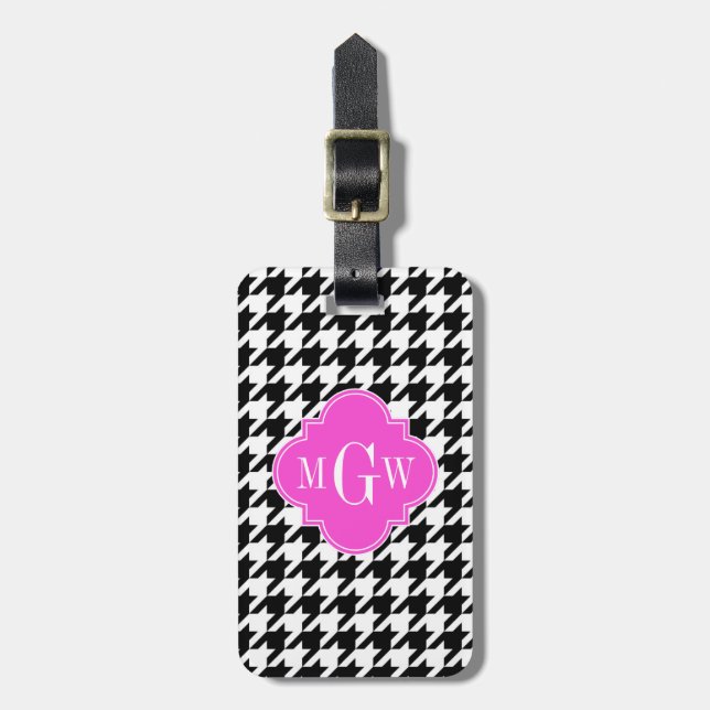 Blk Wht Houndstooth Shock rosa Quatrefoil 3 Monogr Bagagebricka (Vertikal Framsida)