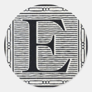 Block Brev ’E’ Woodcut Woodblock Inital Runt Klistermärke