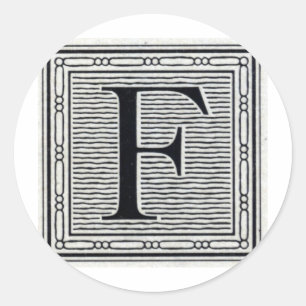 Block Brev ’F’ Woodcut Woodblock Inital Runt Klistermärke