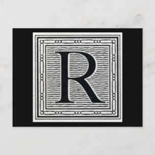 Block Brev ’R’ Woodcut Woodblock Inital Vykort