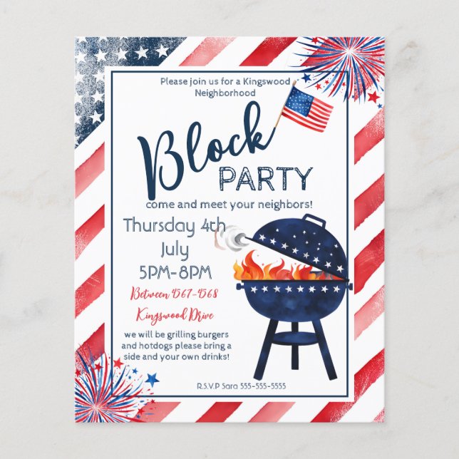 Block party 4:e juli, granne till BBQ street party Flygblad (Framsidan)