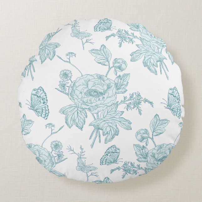 Block Print Aqua Round Throw Pillow Rund Kudde (Framsidan)