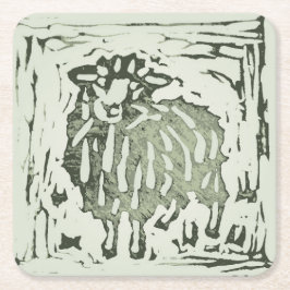 Block Print Sheep Donkey Quilt - green sheep. Underlägg Papper Kvadrat