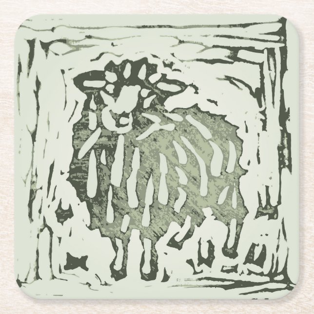 Block Print Sheep Donkey Quilt - green sheep. Underlägg Papper Kvadrat (Framsidan)