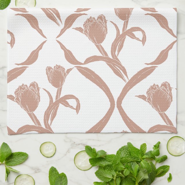 Block print tulips beige, wheat golden kökshandduk (Vikta)
