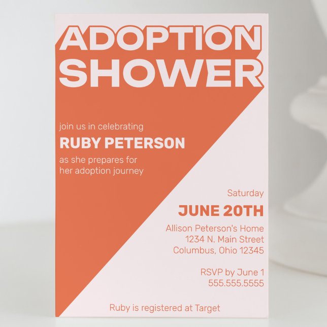 Blockadoptionsprogram för fet Trendig, Färg, Inbjudningar (adoption baby child shower invitation bold typography graphic orange and pink modern cool trendy fun)