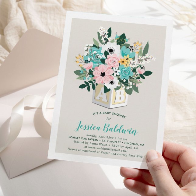 Blockblomma Arrangemang babystövel i Baby Inbjudningar (Skapare uppladdad)