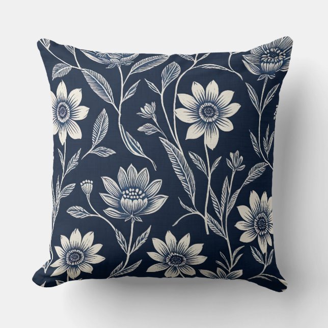 Blockera blå och vit vit visuell blommigt kudde (Framsida)