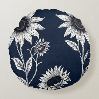Blockera blå och vita solblommor rund kudde