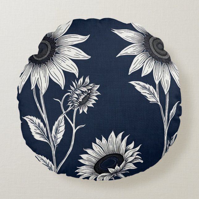 Blockera blå och vita solblommor rund kudde (Framsidan)