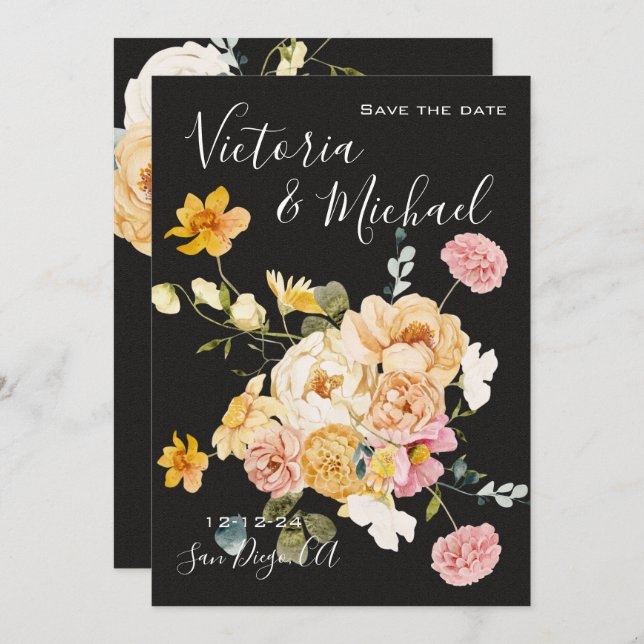 Blockera Garden Blommigt Mörk och Moody Spara datu Inbjudningar (Fram/baksida)