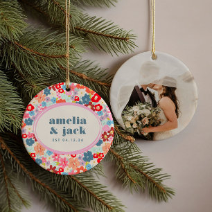 Blockera gult Bröllop-foto med fet Blommigt Julgransprydnad Keramik