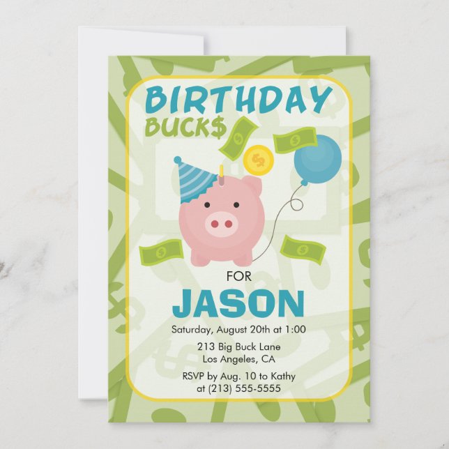 Blockera Piggy Bank Boy Party-inbjudan på födelsed Inbjudningar (Framsida)