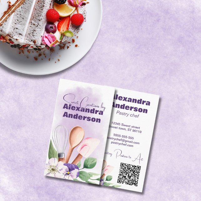 Blockera utensils Lila Vattenfärg Visitkort (Pastry Chef Baking Utensils Purple Watercolor Business Card)