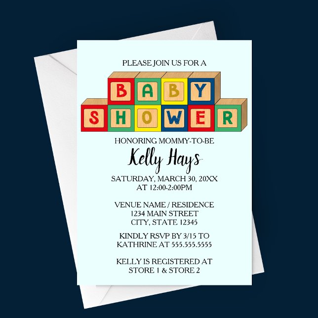 Blockerar inbjudan till babyskor i Baby (Baby Blocks Baby Shower Invitation with light blue background and multi colored baby blocks)