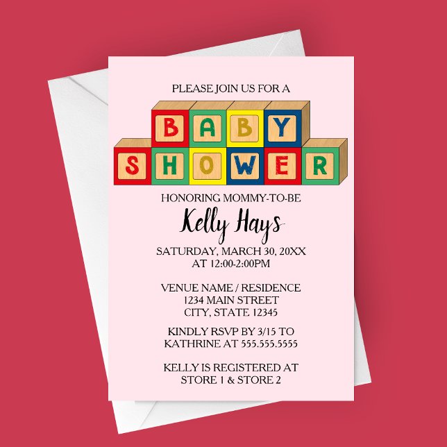 Blockerar inbjudan till babyskor i Baby (Baby Blocks Baby Shower Invitation with Light Pink Background )