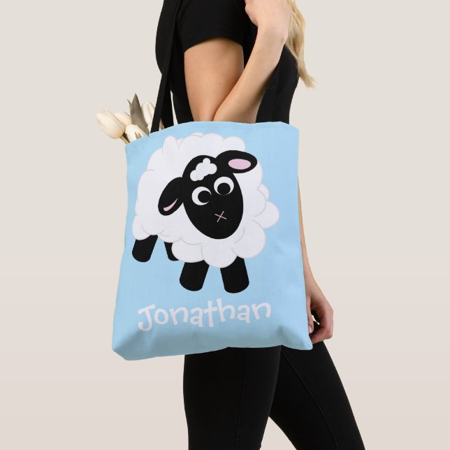 Blocket Namn Blue Tote Tecknad Cute Sheep Tygkasse (Närbild)