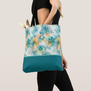 Blocket Teal och Gula blommor Alcohol Bläck Färg Tygkasse