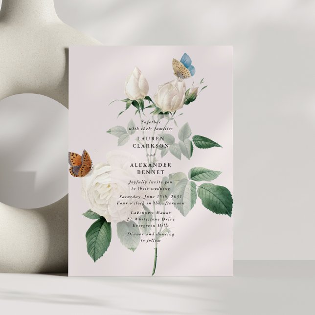 Blockflyginbjudan till Botaniskt vit ros Inbjudningar (Skapare uppladdad)