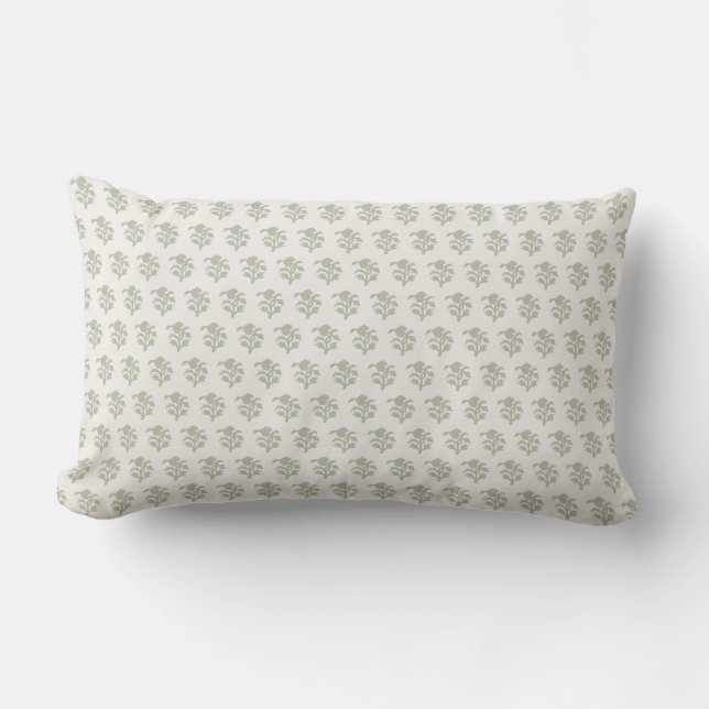 Blockprint-inspirerad ljust grönt lumbarkudde (Framsida)