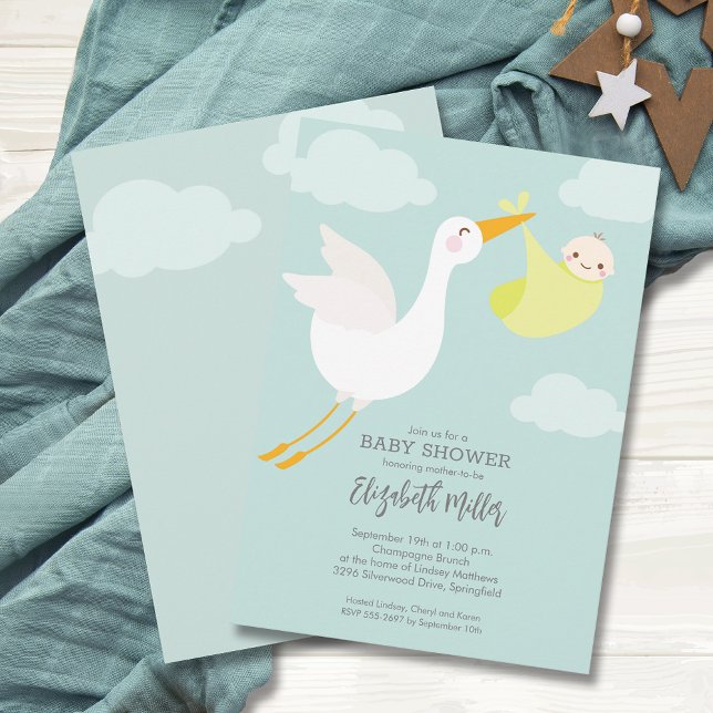 Blockstöt för spädbarn i klumpar för Gult Inbjudningar (Cute Yellow Bundle Stork Unisex Baby Shower Invitations, PRINTED and/or INSTANT DOWNLOAD)