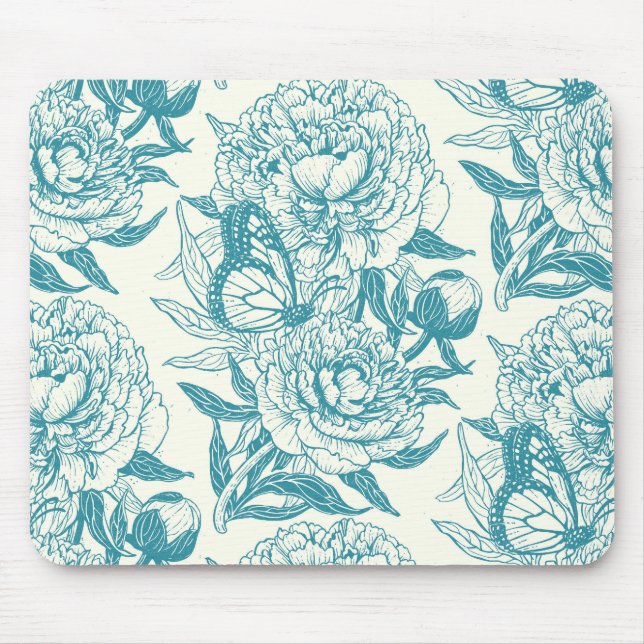 Blocktryck av peonier och butterflies, lagun Blue  Musmatta (Framsidan)