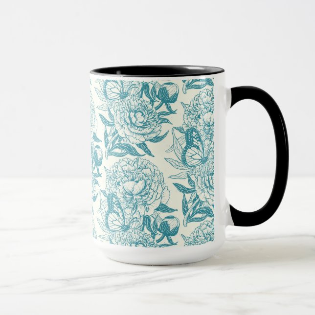 Blocktryck av peonier och fjärilar, blått lager mugg (Höger)