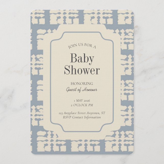 Blocktryck Geometrisk Könsneutral Blå Beige Inbjudningar (Framsida)