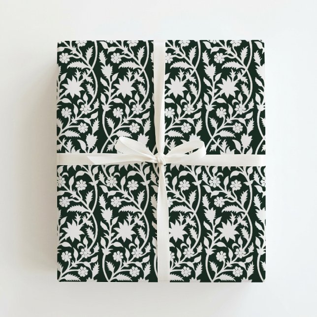 Blocktryck inspirerad grön blomster  presentpapper (Skapare uppladdad)