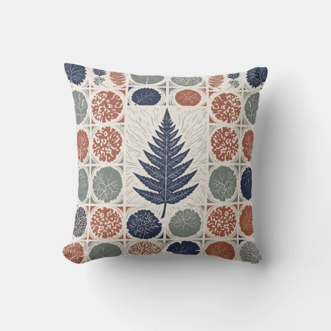 Blocktryckt Fern Leaf Botanisk Kudd Kudde (Framsida)