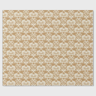 Blocktryckta fåglar med blommor | Beige och guld s Presentpapper