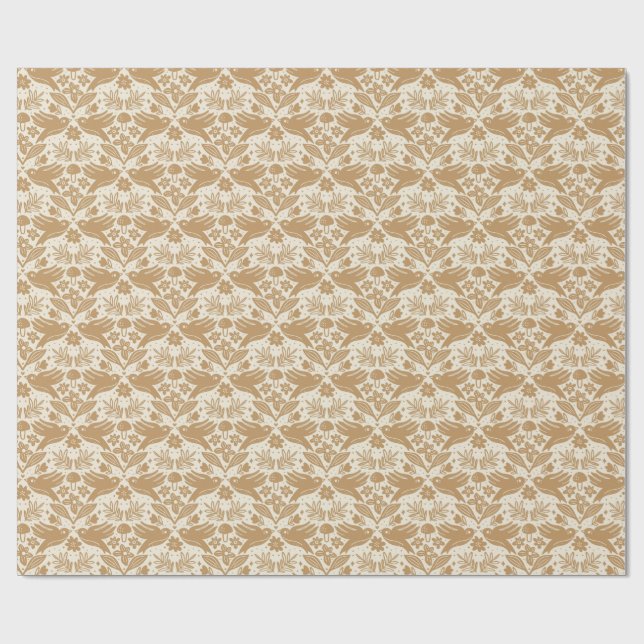 Blocktryckta fåglar med blommor | Beige och guld s Presentpapper (Platt)
